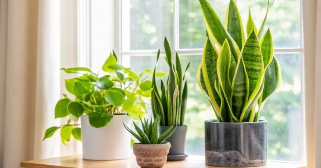 What does a snake plant do for your house? A tall snake plant with vibrant leaves sits on a windowsill alongside other potted greenery.